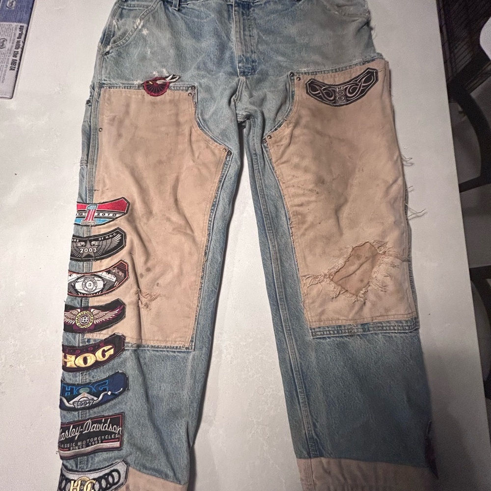 Custom Harley Davidson Carhartt Pants With Rare Patches And Canvas Work-UNIQUE